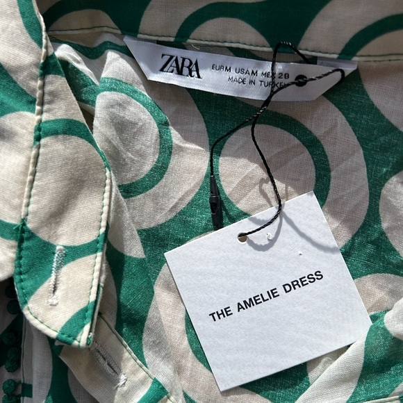 New! Zara medium green ecru combo long sleeve front button dress. - Picture 6 of 9